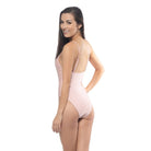 Woman wearing pink scoop neck one piece swimsuit by Beach Joy Bikini showing back and side view
