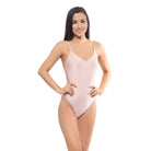 Beach Joy Bikini pink scoop neck one piece swimsuit with thin straps on woman model