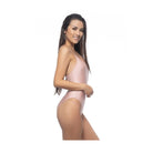 Beach Joy Bikini pink scoop neck one piece swimsuit worn by smiling woman in side view
