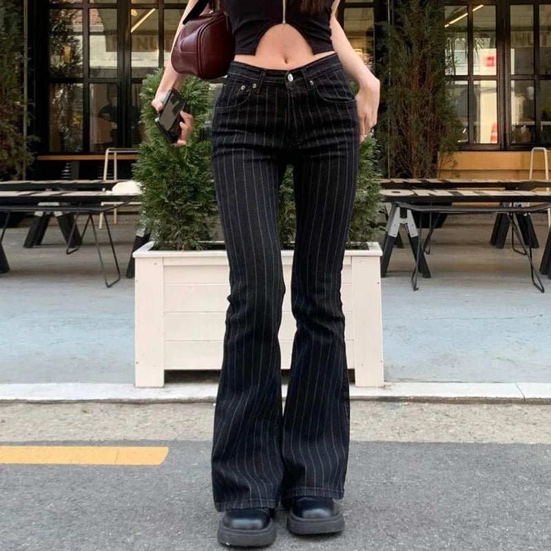 Women's black pinstripe bootcut jeans boots, stylish for casual outings