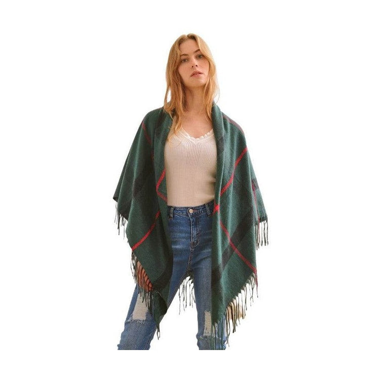 Plaid Square Fringe Shawl Scarf - VacationGrabs
