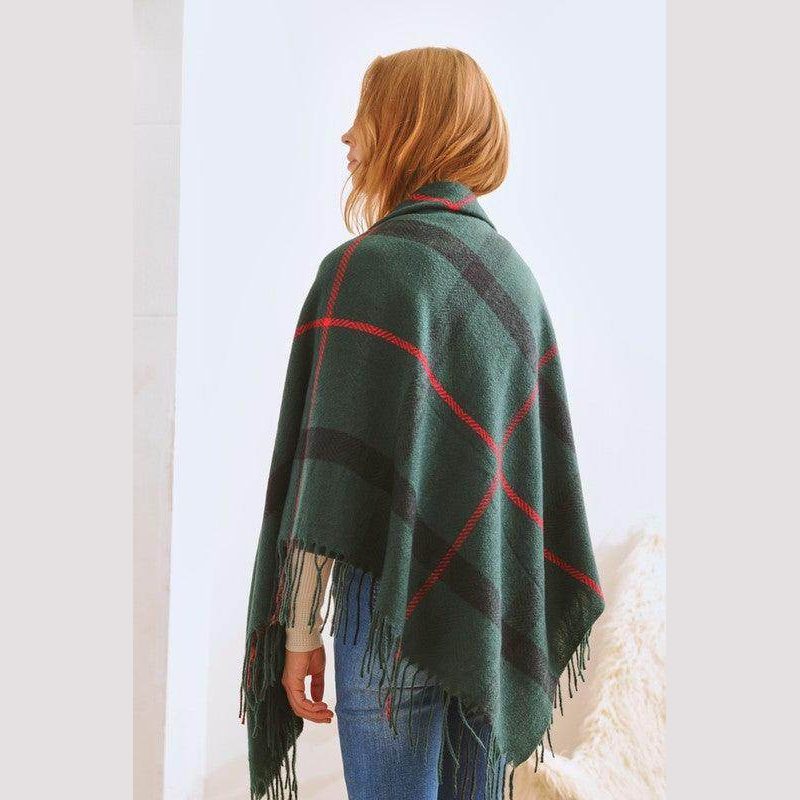 Plaid Square Fringe Shawl Scarf - VacationGrabs