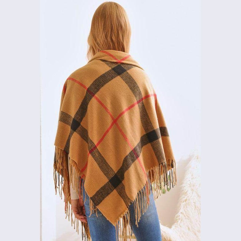 Plaid Square Fringe Shawl Scarf - VacationGrabs