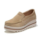 VacationGrabs women's platform slip-ons for travel in beige with a comfortable design for easy wear