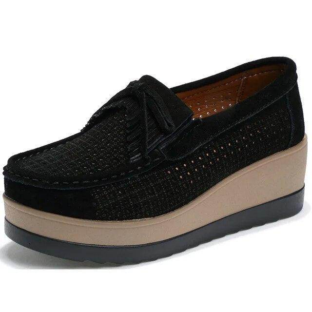 VacationGrabs Women's Black Platform Slip-Ons for Travel with Stylish Design and Comfortable Fit