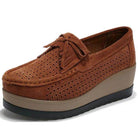 VacationGrabs women's platform slip-ons for travel in brown suede with perforated design and slip-on style