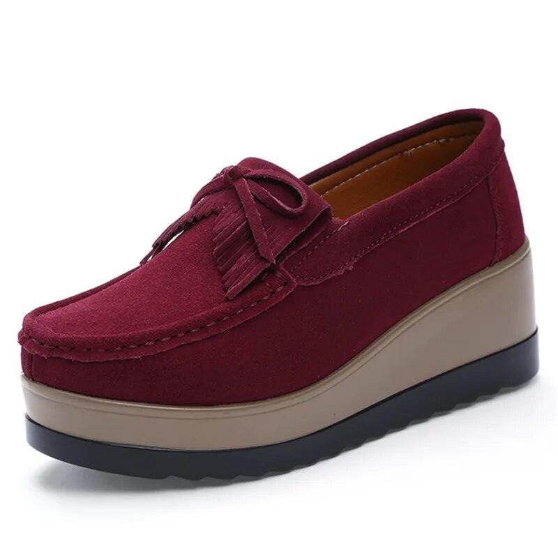 Burgundy VacationGrabs platform slip-ons for travel with stylish fringe detail for comfort and ease
