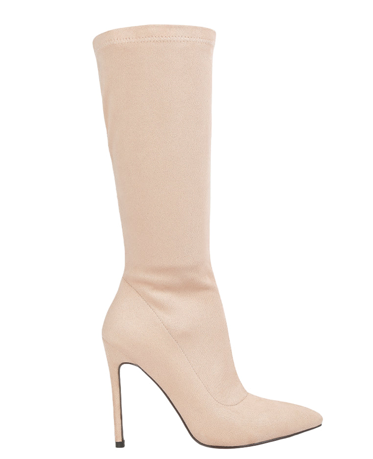 Beige knee-high boot with a high heel on a white background
