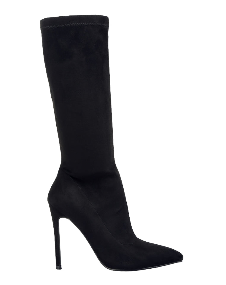 Black knee-high boot with a high heel on a white background