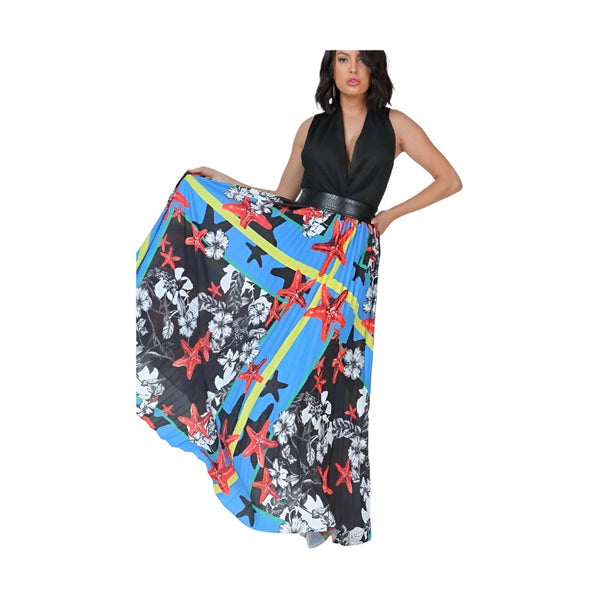 VacationGrabs pleated print maxi skirt with vibrant starfish and floral patterns on a flowing fabric