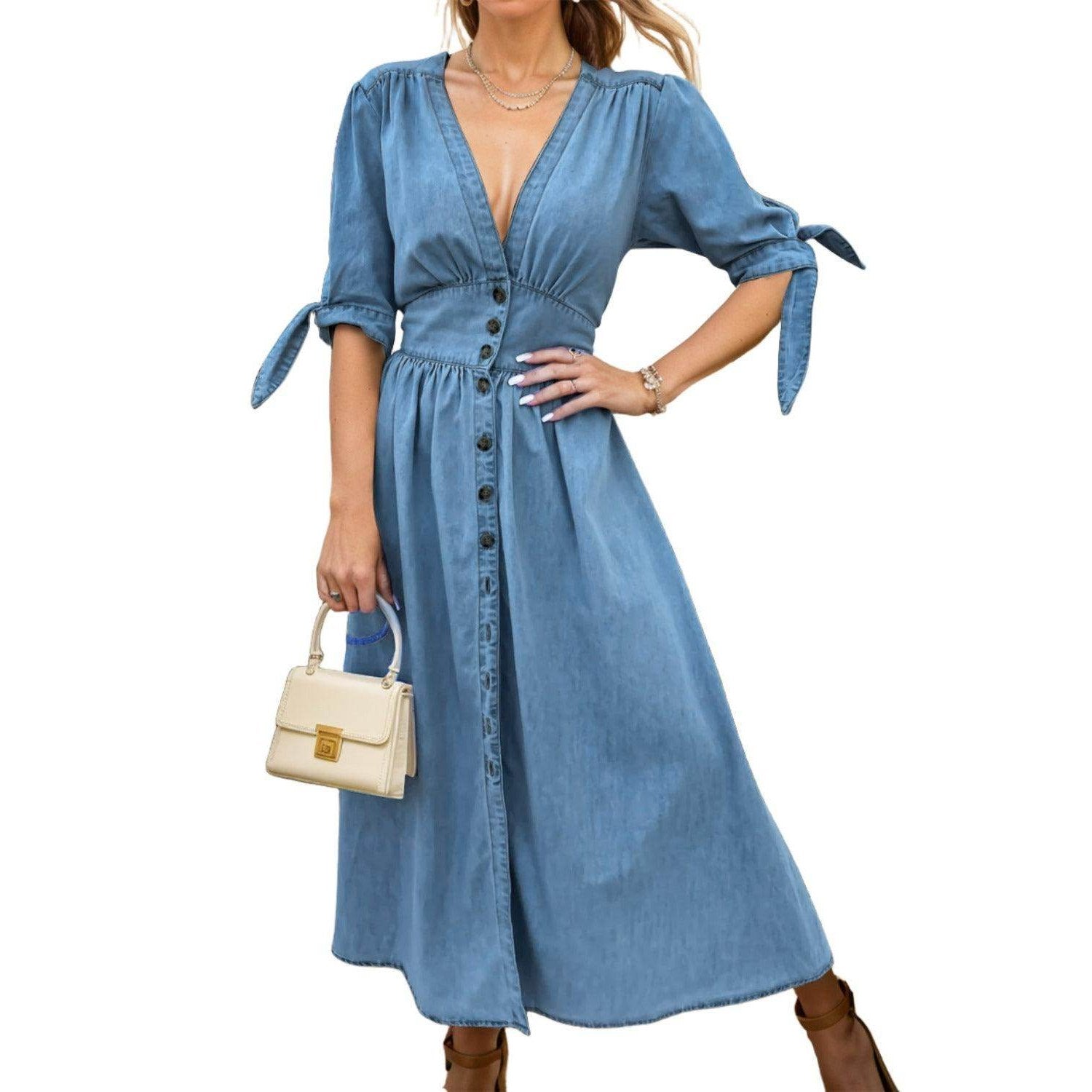 white christmas dresses Plunge Button Up Half Sleeve Denim Dress Medium / XL