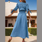 Plunge Button Up Half Sleeve Denim Dress - VacationGrabs