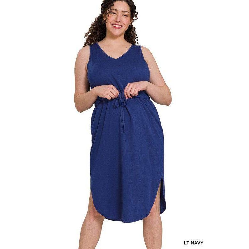 Plus Drawstring Waist Curved Hem Dress - VacationGrabs