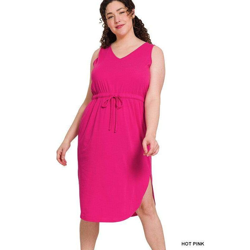 Plus Drawstring Waist Curved Hem Dress - VacationGrabs