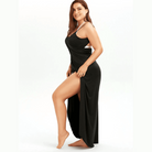 Plus size beach sarong in black with adjustable straps and thigh-high slit for stylish summer cover-up