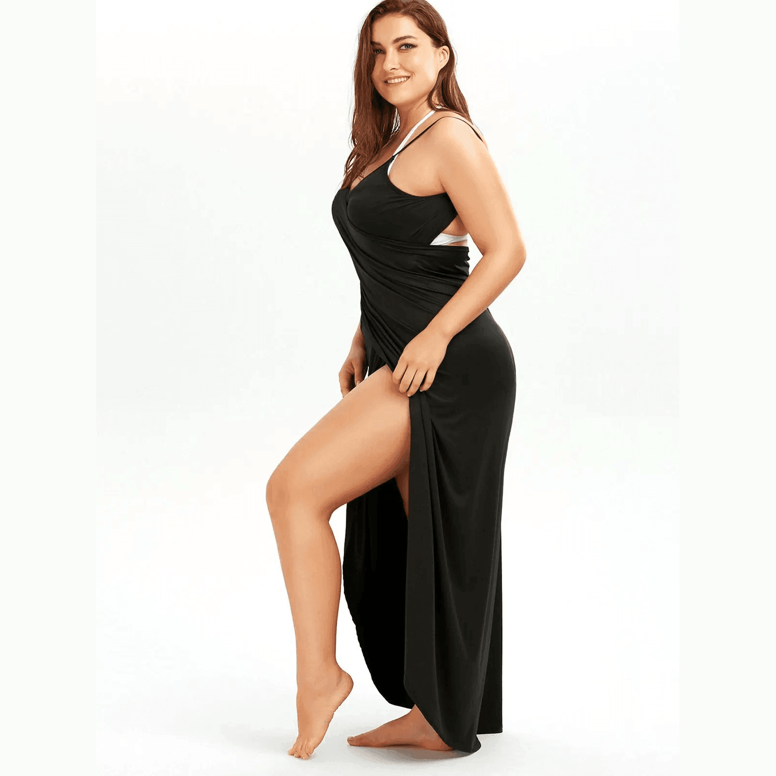 Plus size beach sarong in black with adjustable straps and thigh-high slit for stylish summer cover-up