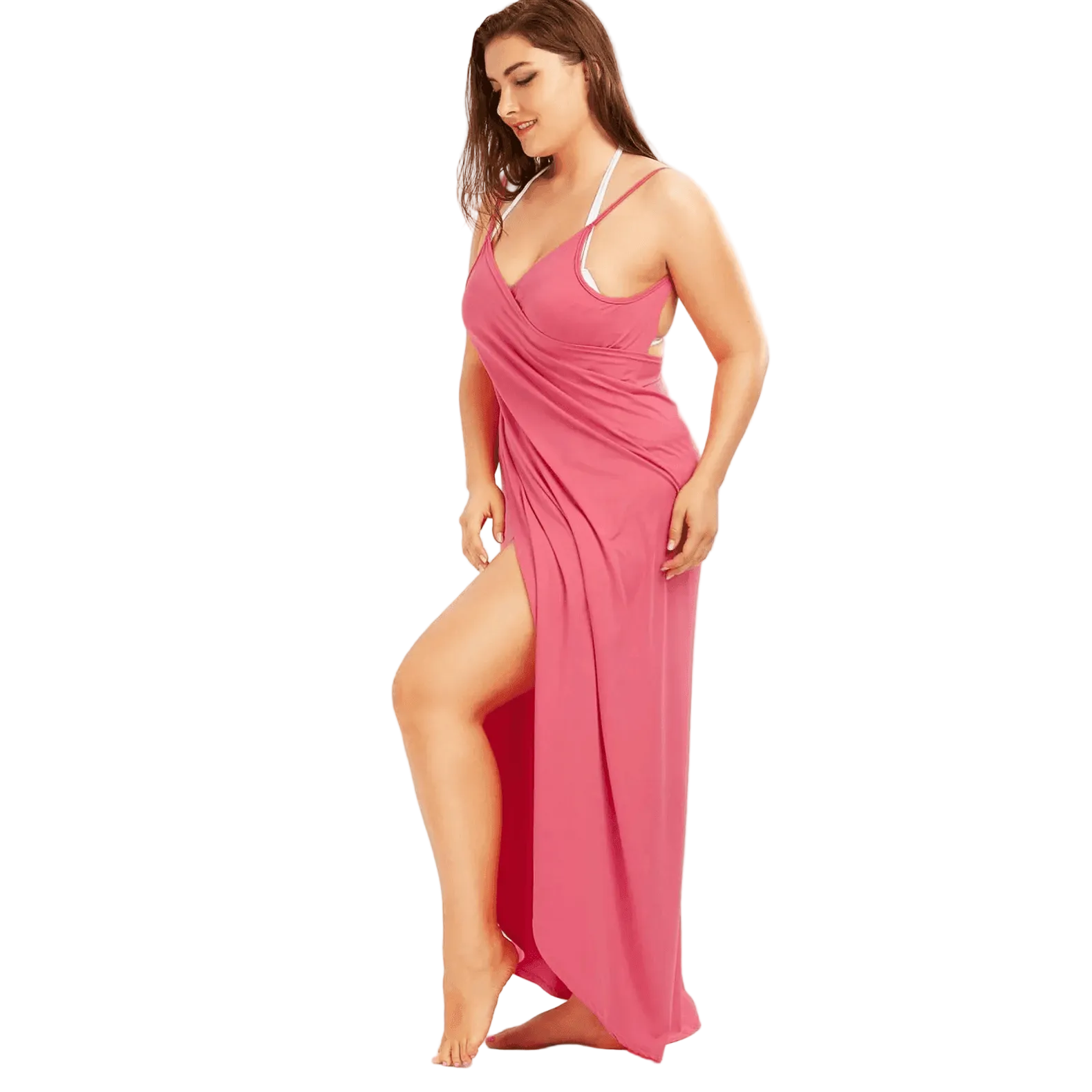 Plus size beach sarong in pink draped elegantly, ideal for stylish summer outings