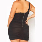 Black plus size bustier mini dress with ruched detailing and back zipper for a flattering fit