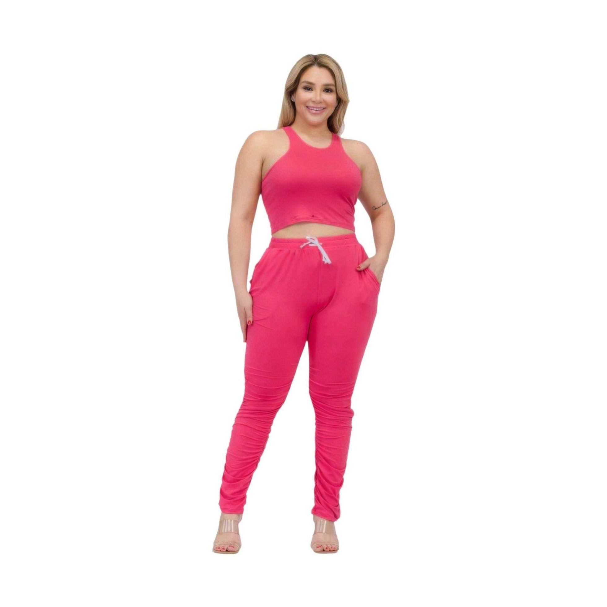 Plus Size Crop Tank Top & Ruched Pants Set - VacationGrabs