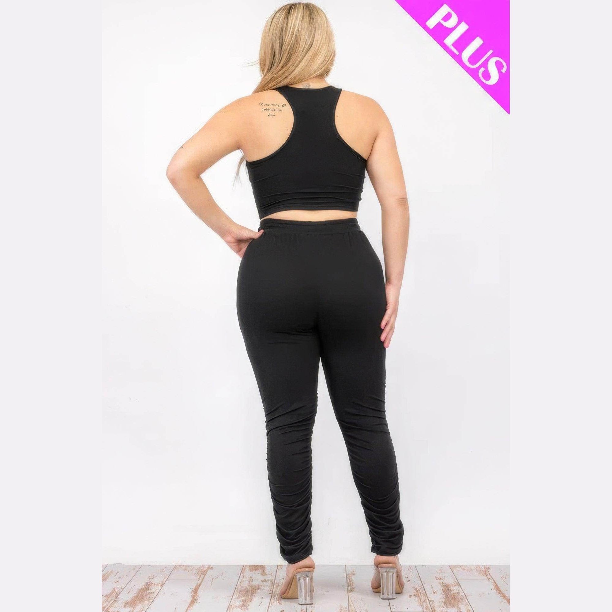 Plus Size Crop Tank Top & Ruched Pants Set - VacationGrabs