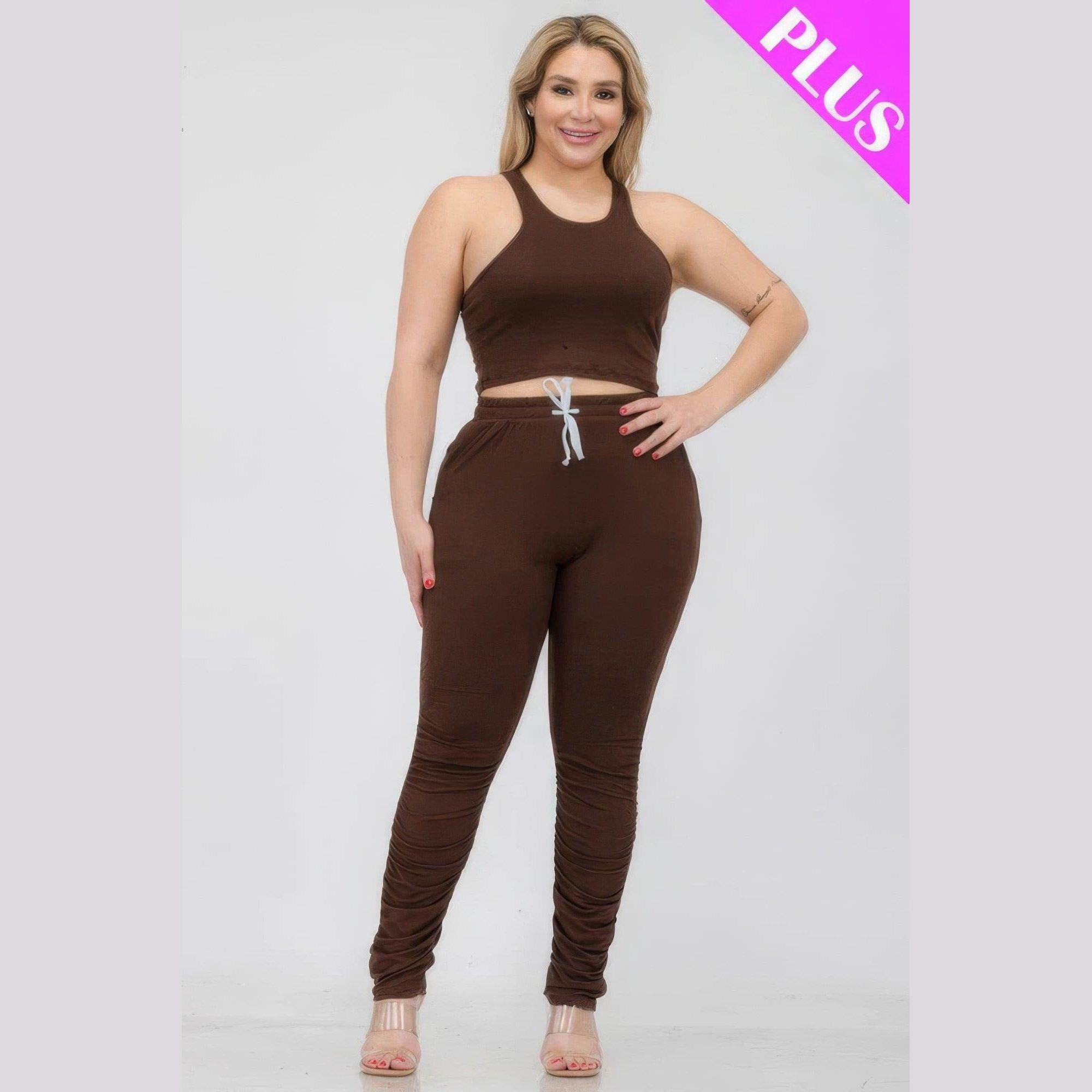 Plus Size Crop Tank Top & Ruched Pants Set - VacationGrabs