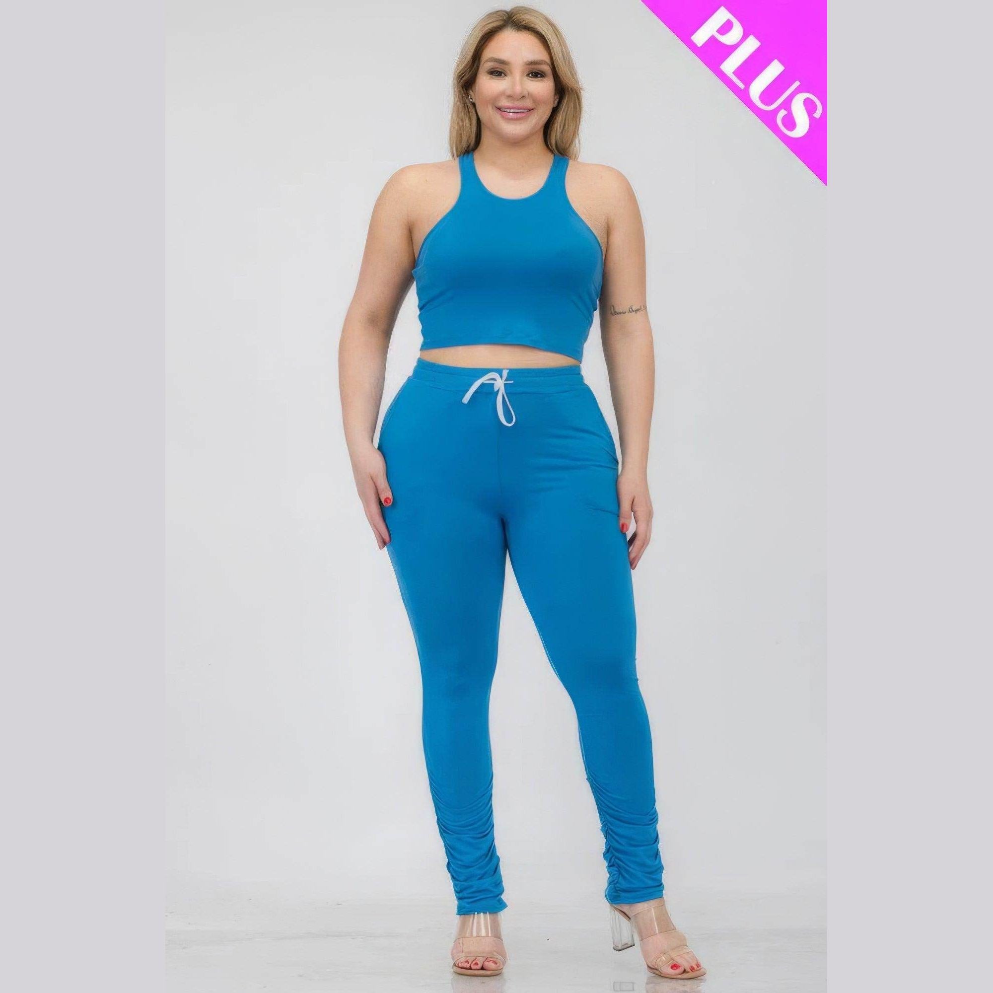 Plus Size Crop Tank Top & Ruched Pants Set - VacationGrabs