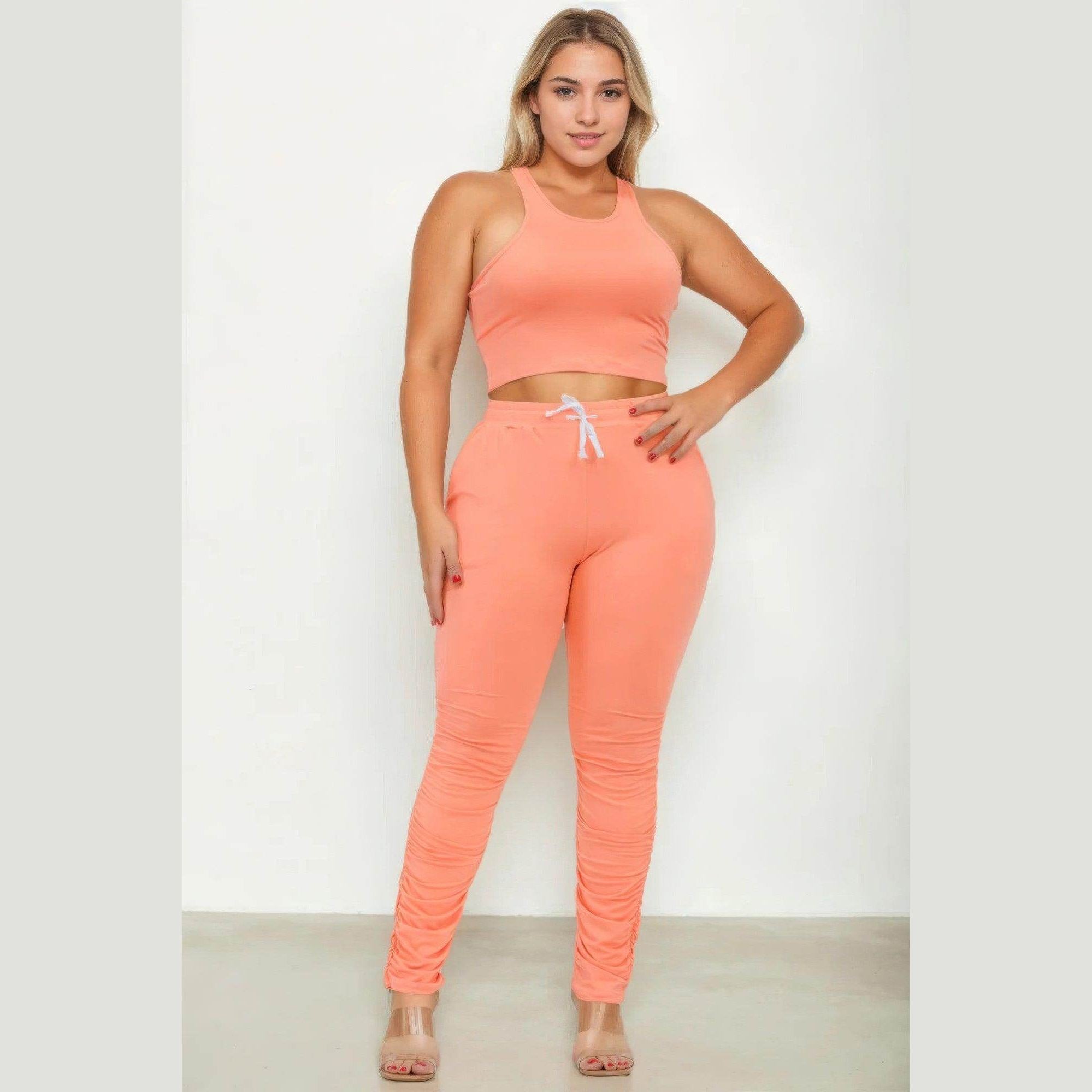 Plus Size Crop Tank Top & Ruched Pants Set - VacationGrabs