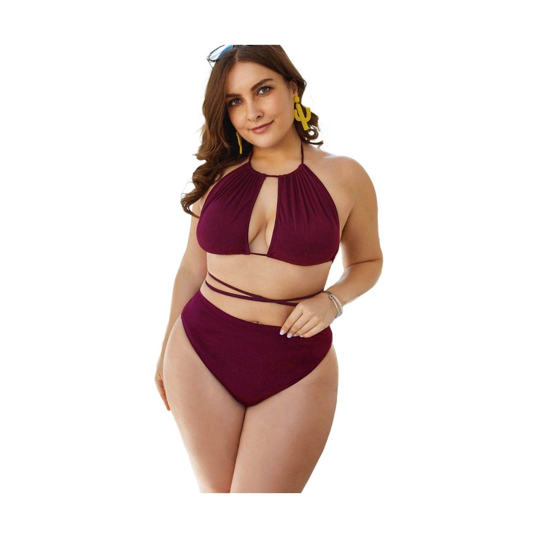 Trendsi plus size cutout bikini in burgundy with adjustable halter neck and high-waisted bottoms