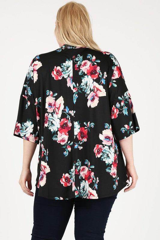 Plus Size Floral Short Sleeve Cardigan - VacationGrabs