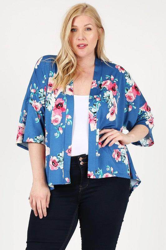 Plus Size Floral Short Sleeve Cardigan - VacationGrabs
