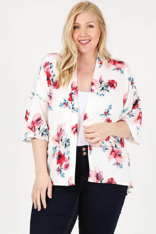 Plus Size Floral Short Sleeve Cardigan - VacationGrabs