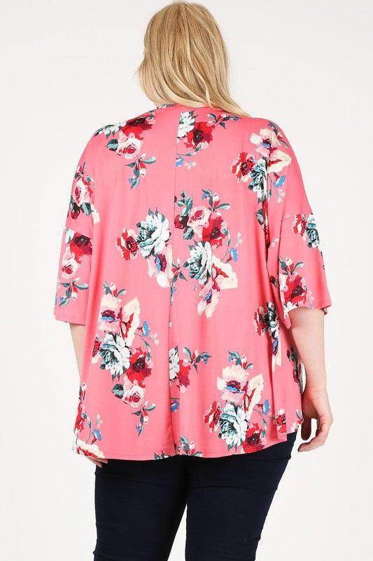 Plus Size Floral Short Sleeve Cardigan - VacationGrabs