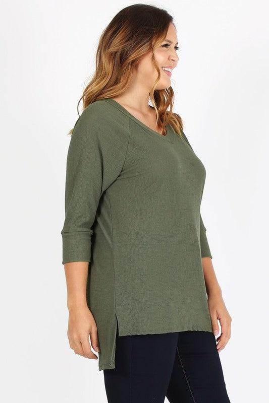 Plus Size Knit V-Neck Hi-Low Top - VacationGrabs