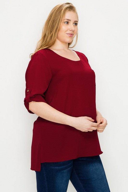 Plus Size Koshibo Roll Up Sleeve Top - VacationGrabs