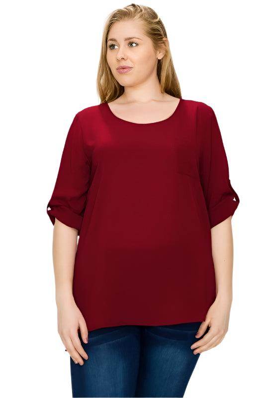 Plus Size Koshibo Roll Up Sleeve Top - VacationGrabs