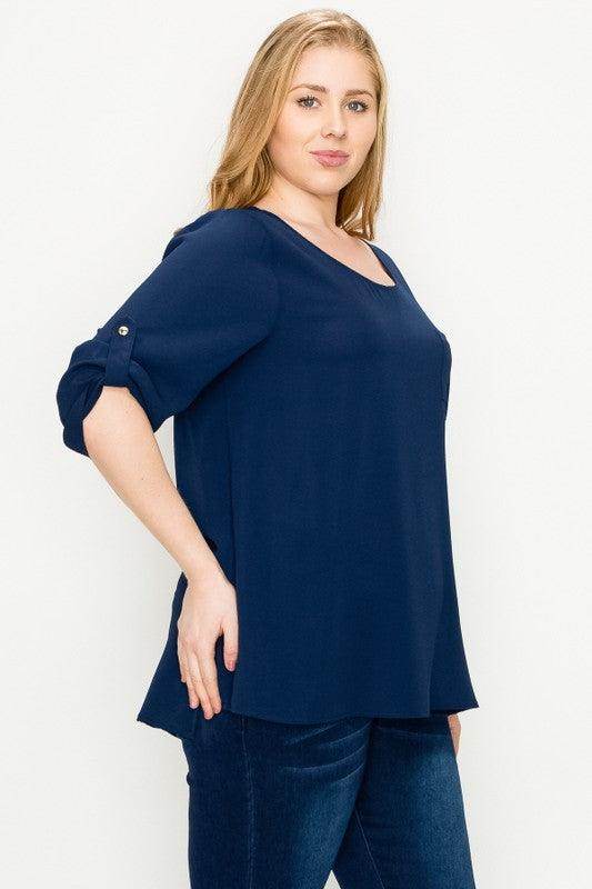 Plus Size Koshibo Roll Up Sleeve Top - VacationGrabs