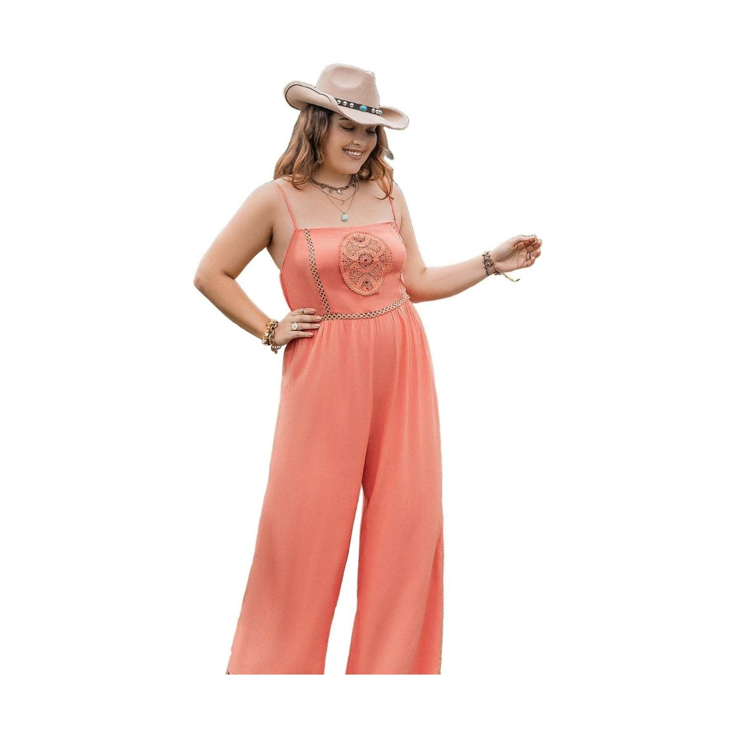 Plus Size Lace Detail Spaghetti Strap Wide Leg Jumpsuit - VacationGrabs
