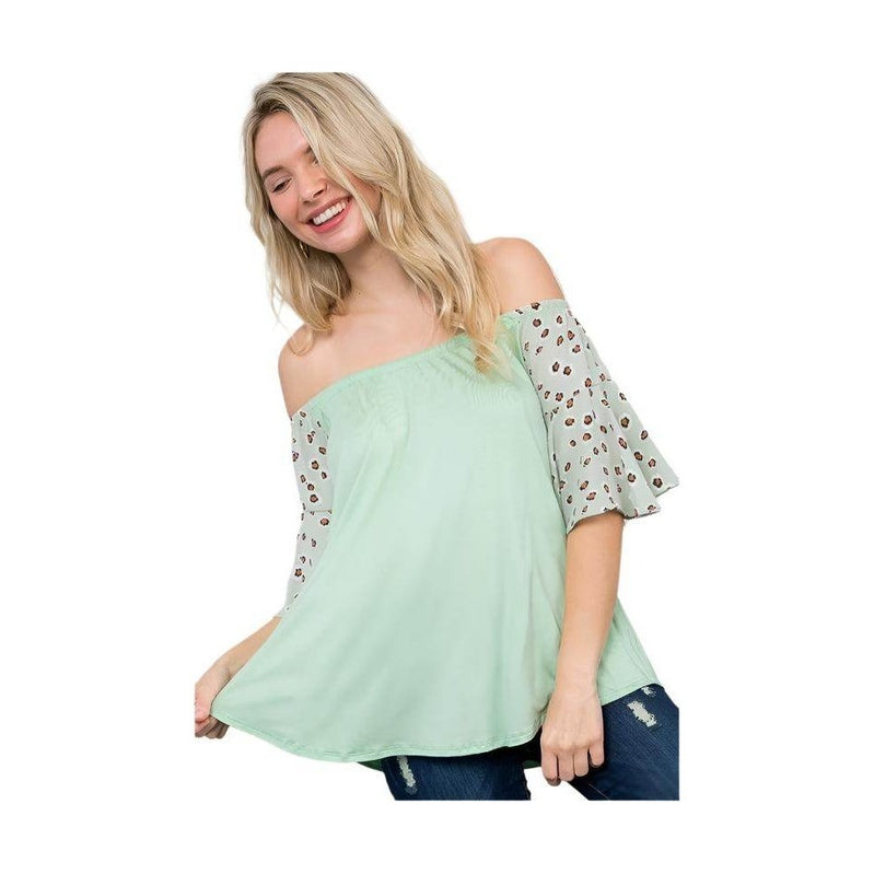Plus size off shoulder top in soft mint green with leopard print sleeves for a stylish look