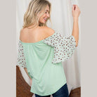 Women's plus size off shoulder top in mint green with leopard print sleeves for stylish casual wear
