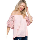 e Luna plus size off shoulder top in light pink with leopard print puff sleeves for a trendy look