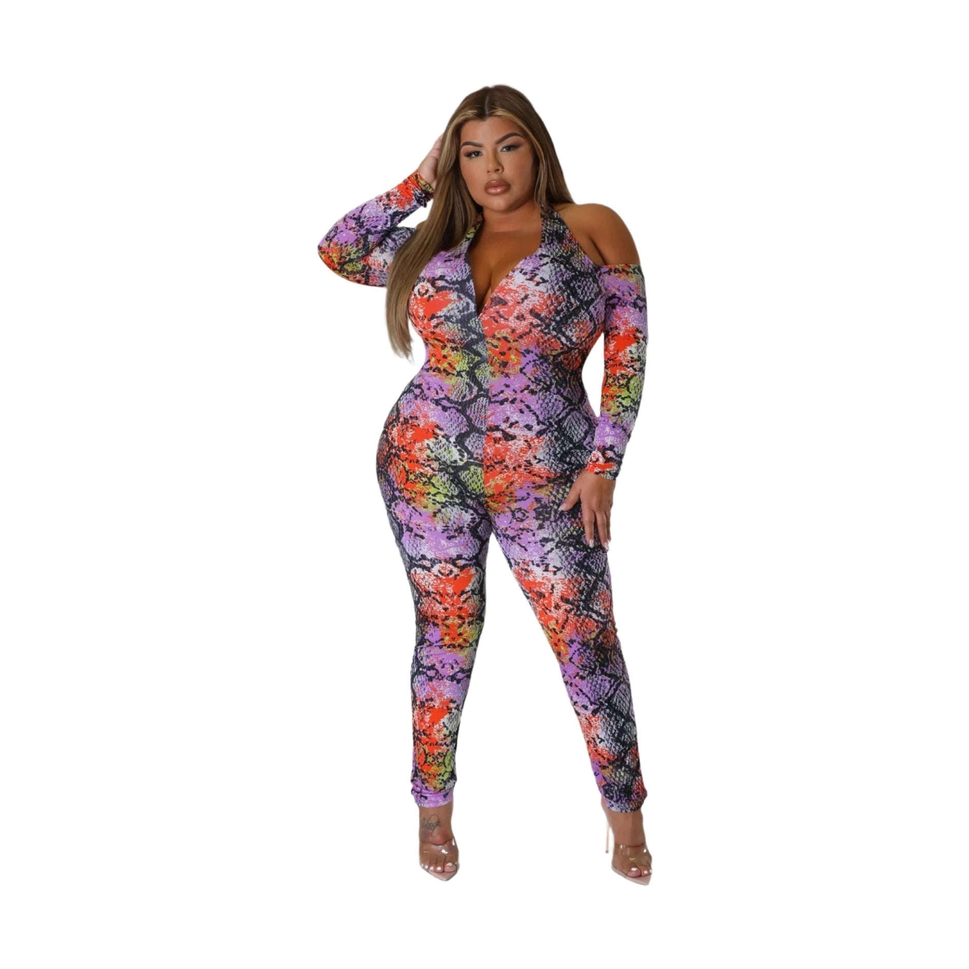 VacationGrabs plus size snake print jumpsuit with cold shoulder design and vibrant multicolor pattern