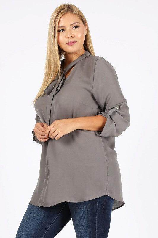Plus Size Tie V-Neck Top - VacationGrabs