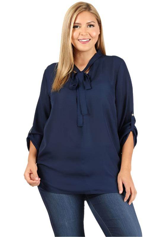 Plus Size Tie V-Neck Top - VacationGrabs
