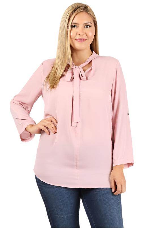 Plus Size Tie V-Neck Top - VacationGrabs