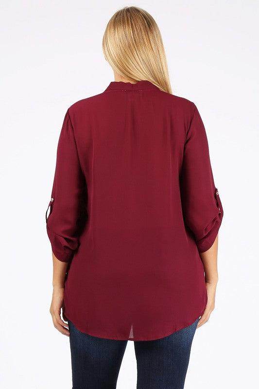 Plus Size Tie V-Neck Top - VacationGrabs