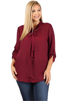 Plus Size Tie V-Neck Top - VacationGrabs