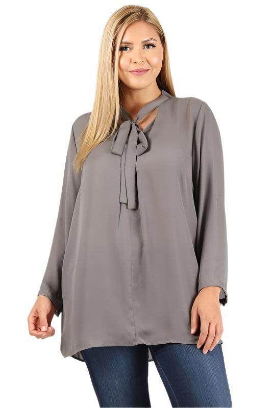 Plus Size Tie V-Neck Top - VacationGrabs