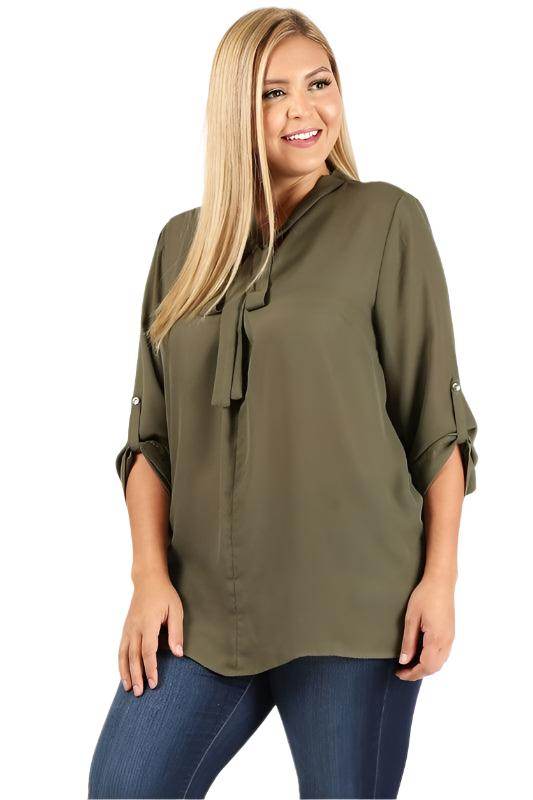 Plus Size Tie V-Neck Top - VacationGrabs