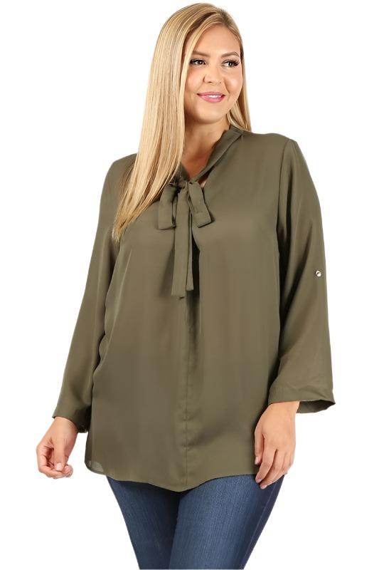 Plus Size Tie V-Neck Top - VacationGrabs