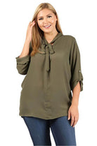 Plus Size Tie V-Neck Top - VacationGrabs